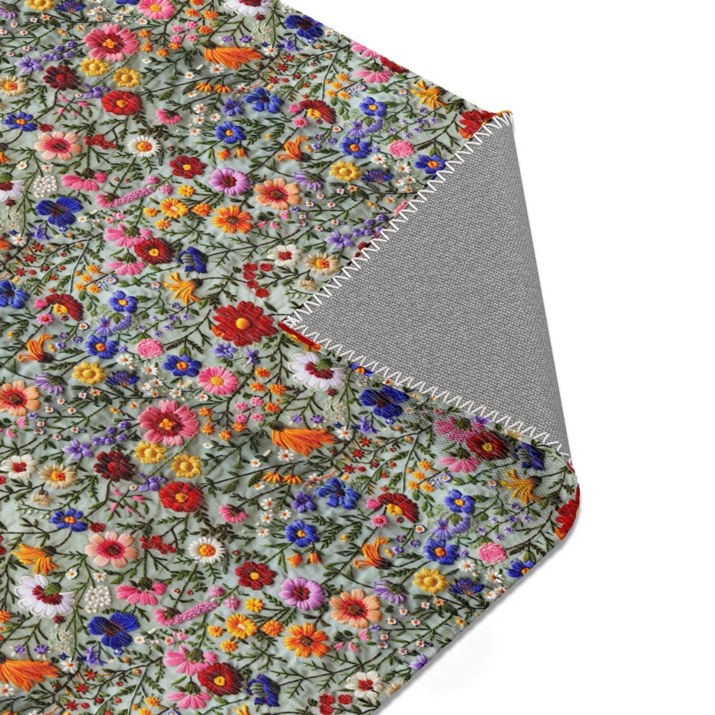 Faux Embroidered Flowers on Linen Area Rugs
