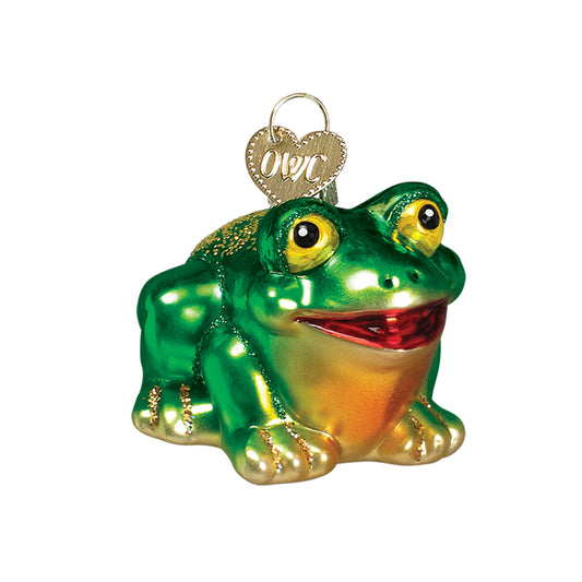 Glass frog ornament with 'LOVE' heart tag on a white background
