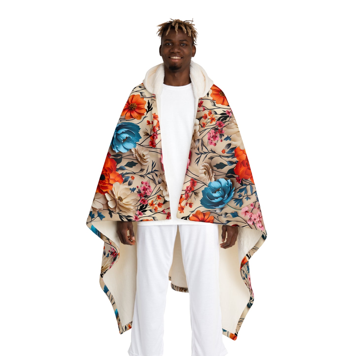 Vintage Floral Cable Knit Hooded Sherpa Blanket