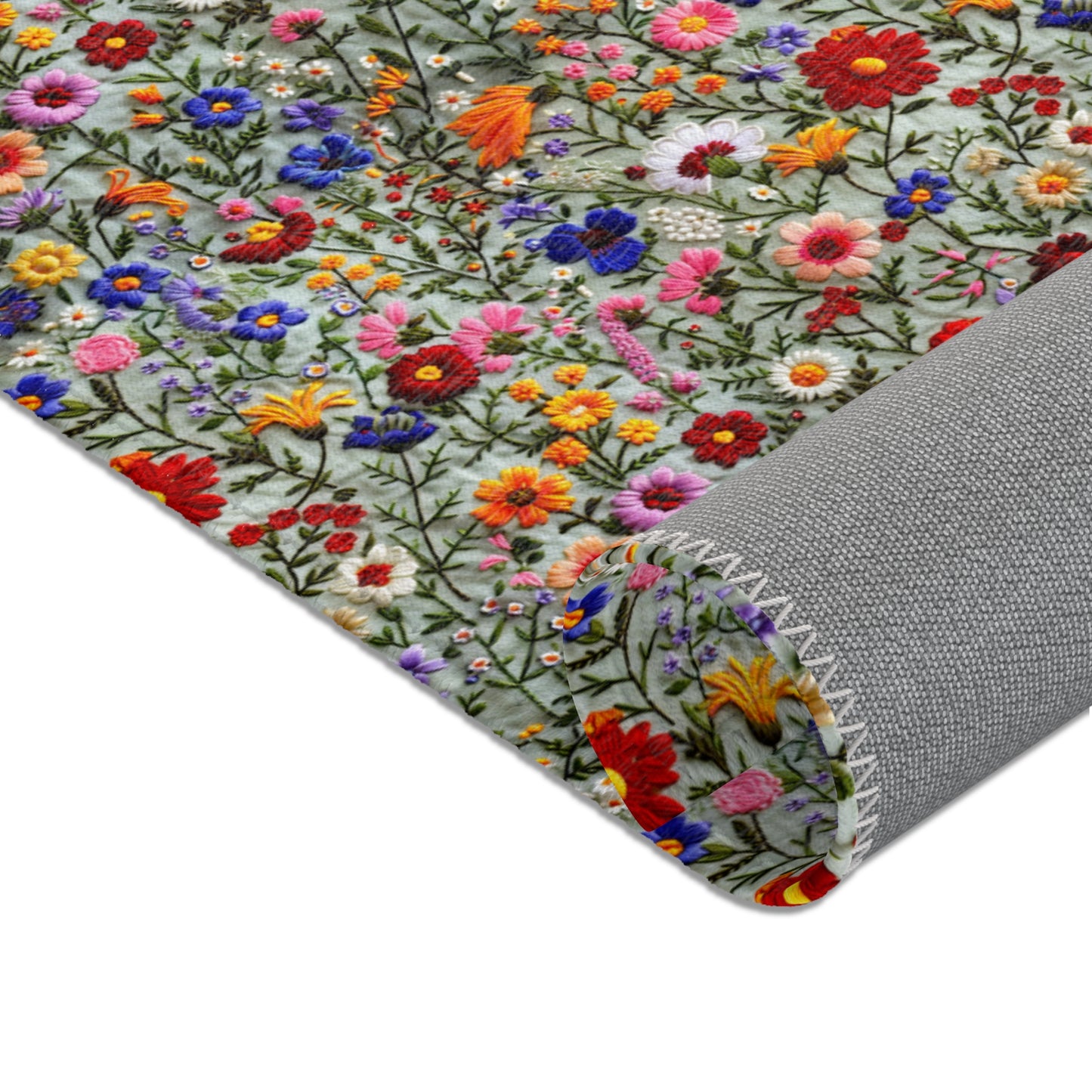 Faux Embroidered Flowers on Linen Area Rugs
