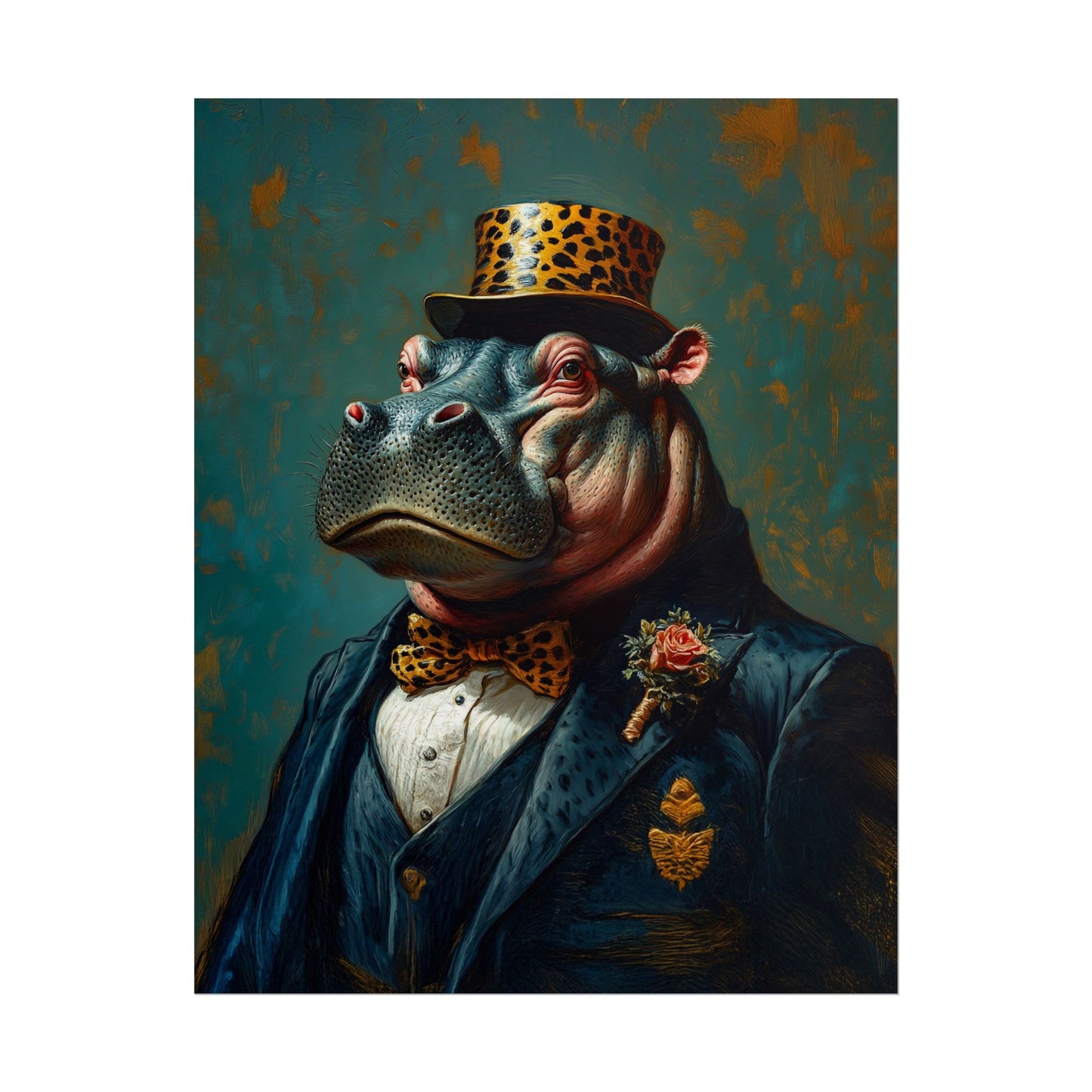 Hippopotamus wearing a formal outfit with a top hat and bow tie against a textured background
