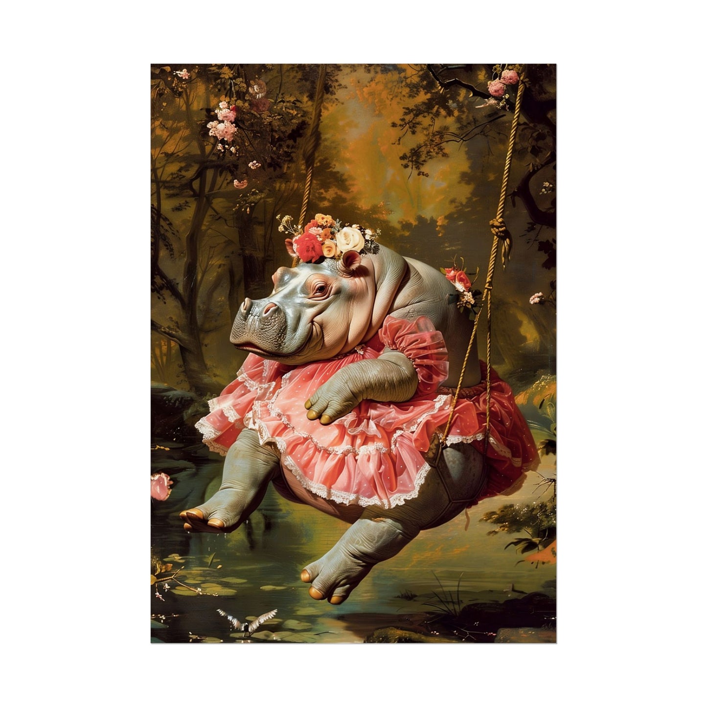 Lady Hippo on Swing | Rococo Style Fine Art Print (Rolled)