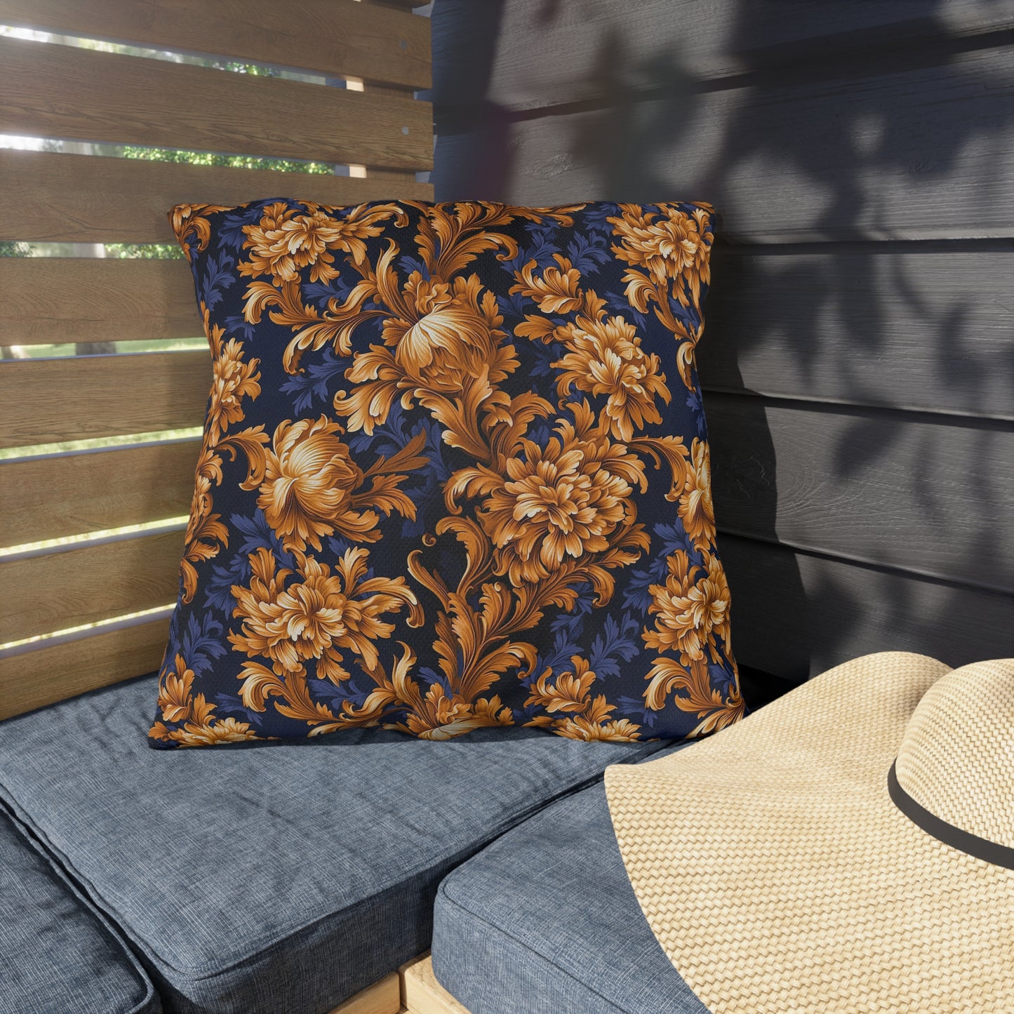 Outdoor Pillows | Gold & Navy Baroque Floral Throw Pattern from The Curated Goose