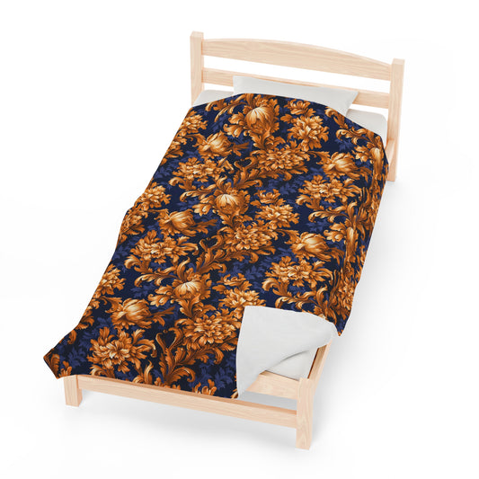 Velveteen Plush Blanket | Gold & Navy Flowers | Baroque Floral Throw Blanket from The Curated Goose