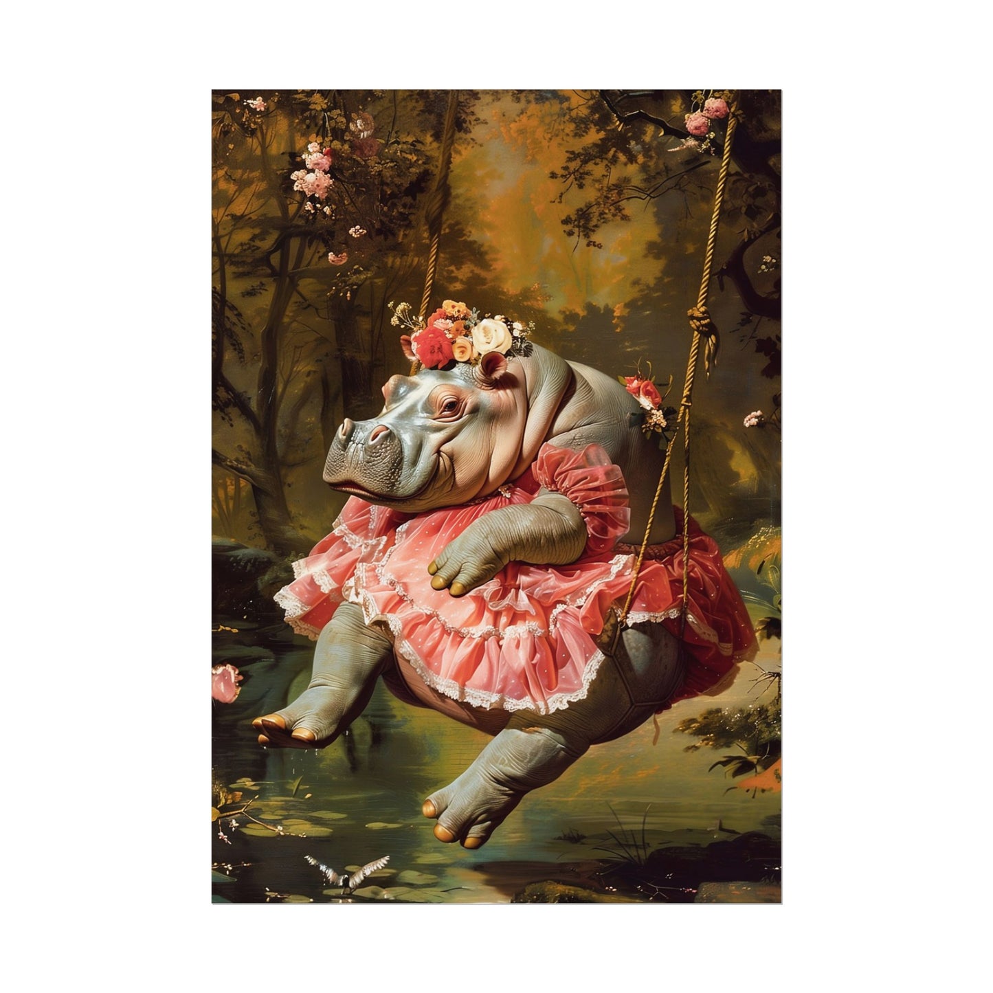 Lady Hippo on Swing | Rococo Style Fine Art Print (Rolled)