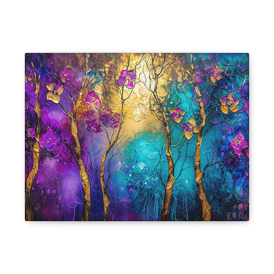 Enchanted Forest Canvas Art | Gold Gilded Trees with Purple, Blue & Green Hues from The Curated Goose