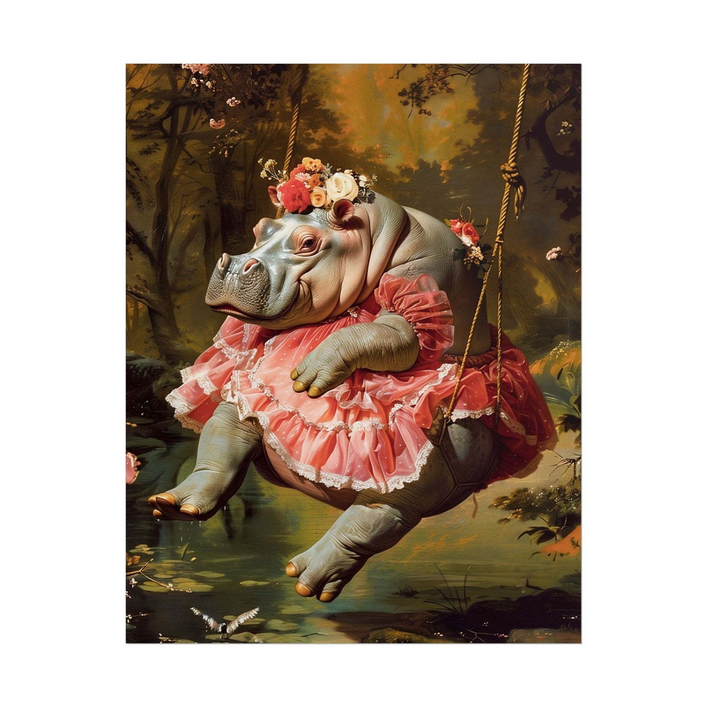 Lady Hippo on Swing | Rococo Style Fine Art Print (Rolled)
