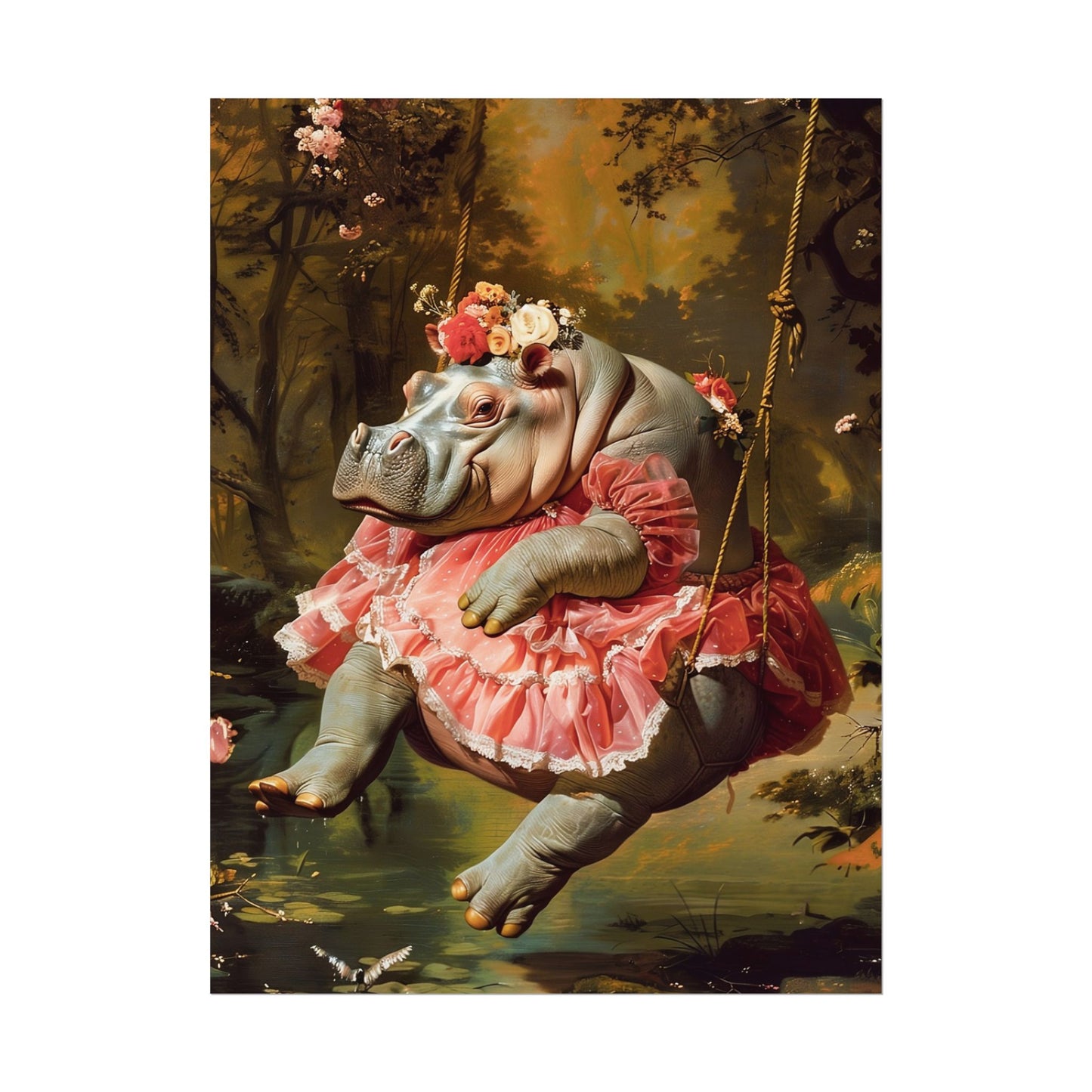 Lady Hippo on Swing | Rococo Style Fine Art Print (Rolled)