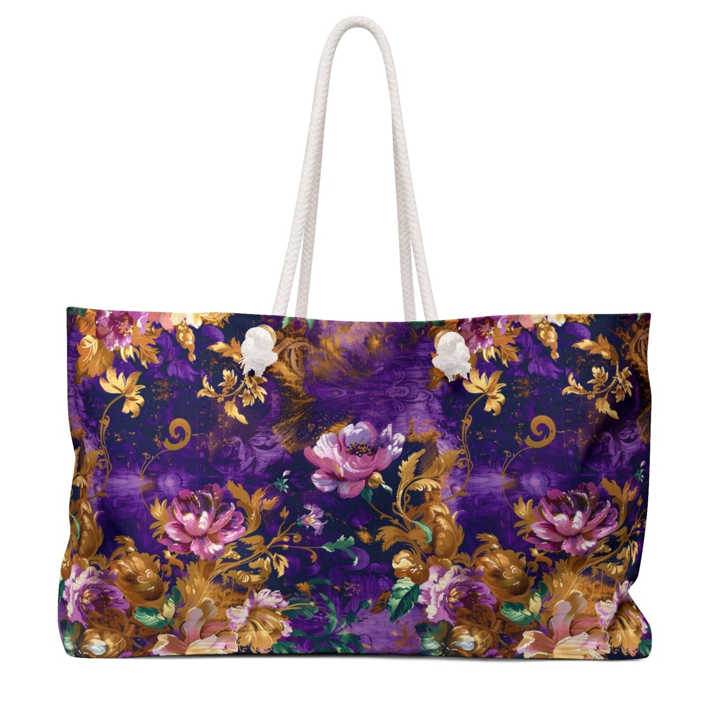 purple and gold floral weekender bag