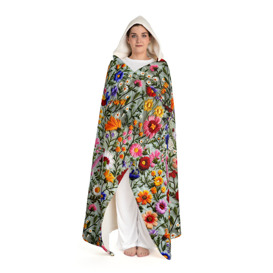 Hooded Sherpa Blanket | Faux Embroidery Flowers