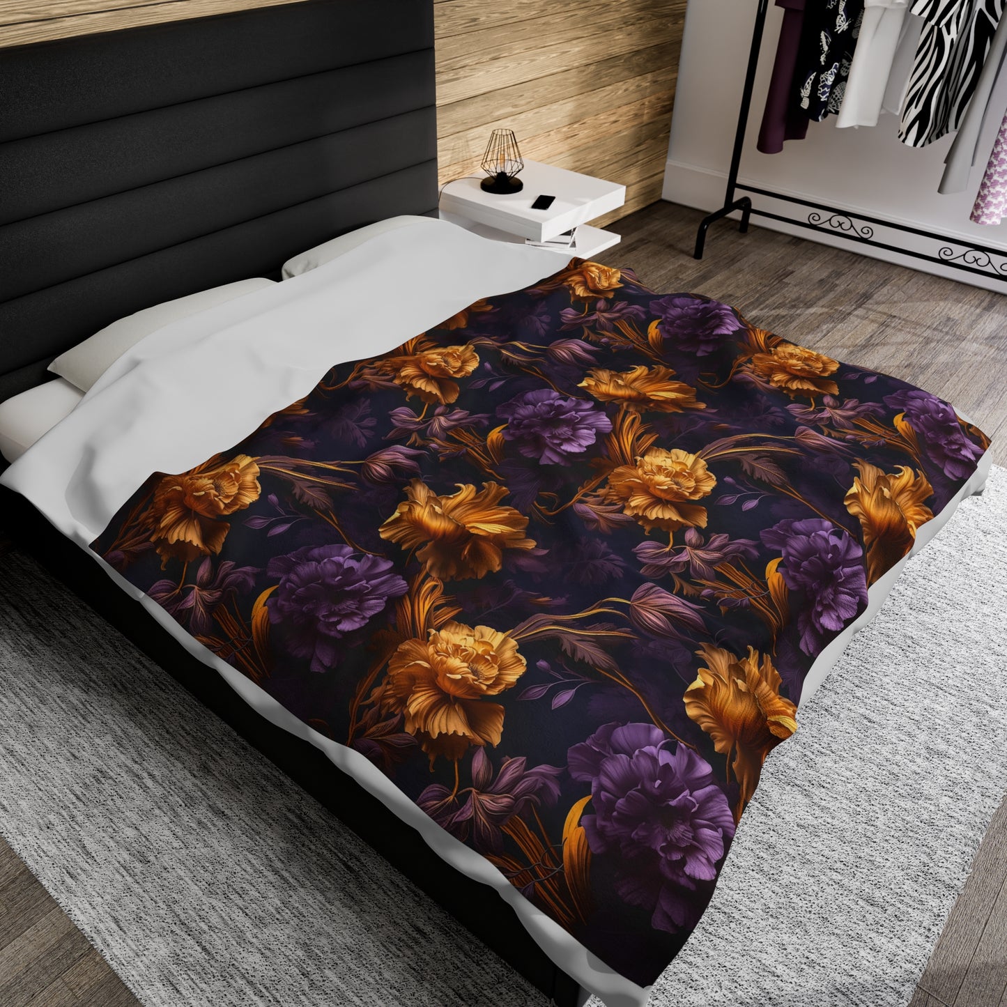 Dark & Moody Floral Velveteen Plush Blanket – Cozy Elegance for Fireside or Décor
