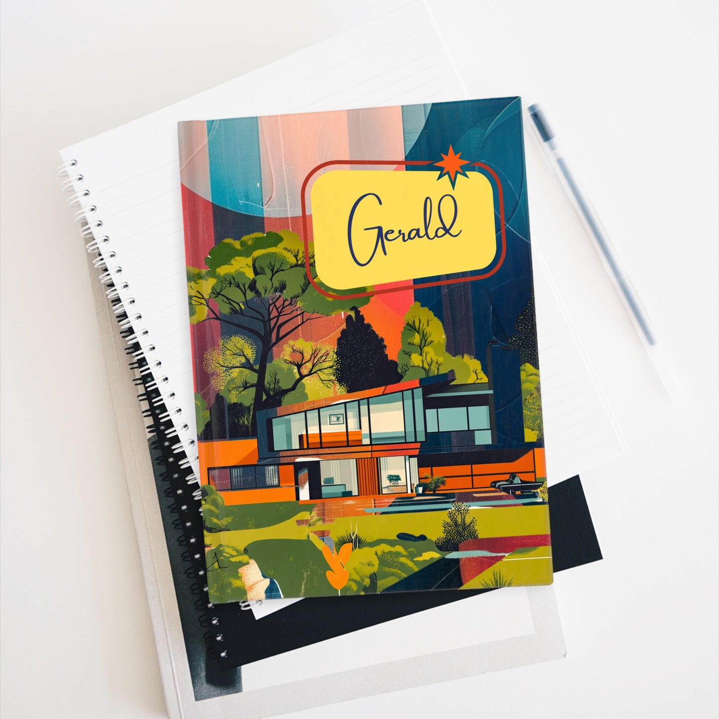 Custom Name Mid-Century Modern Hardcover Journal | Personalized Trendy 1960s Decor | Colorful Diary