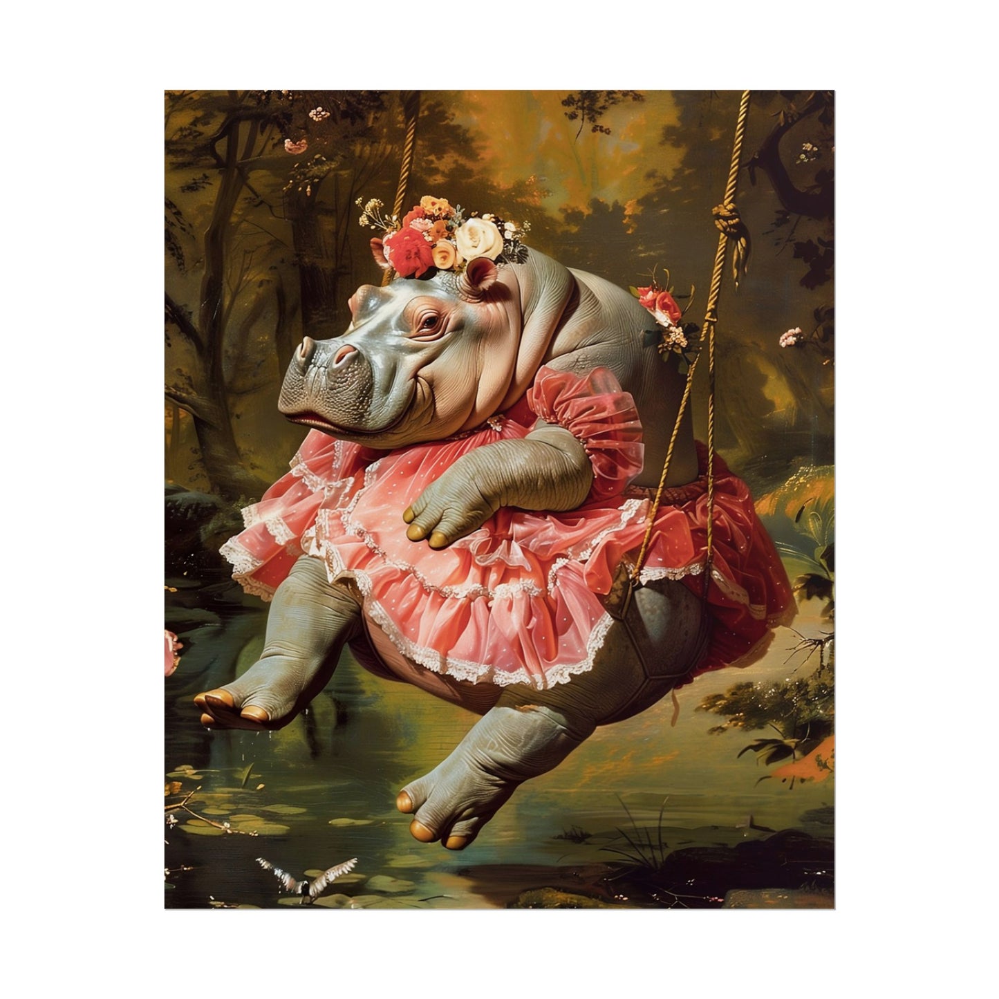 Lady Hippo on Swing | Rococo Style Fine Art Print (Rolled)