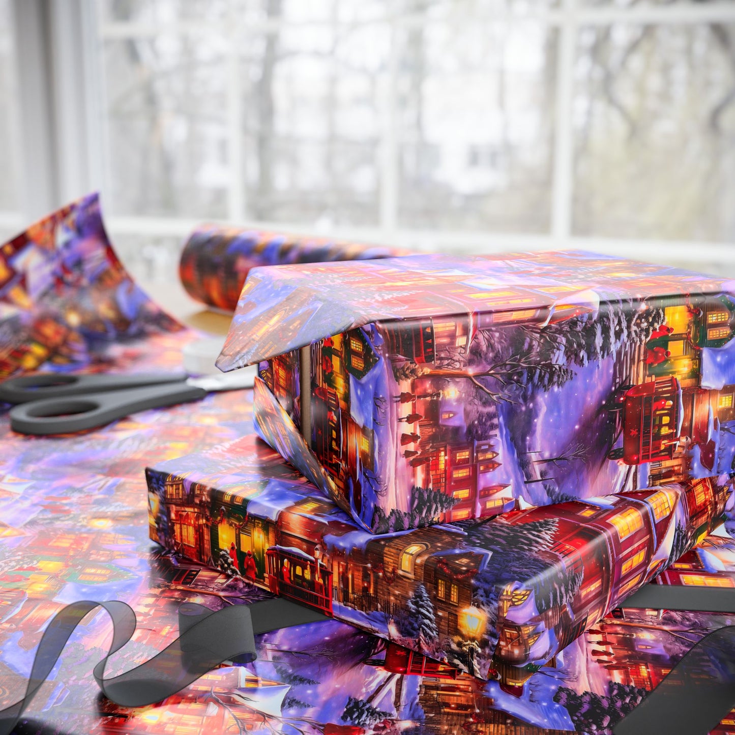 Snowy Winter Village Wrapping Paper Rolls – Nostalgic Holiday Charm with Horse Carriage Delight