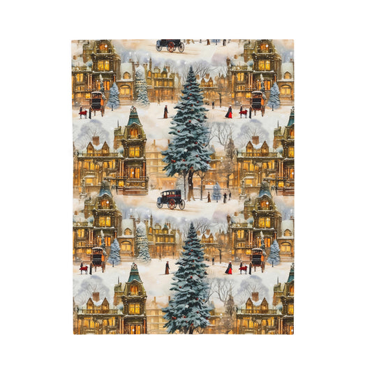 Velveteen Plush Blanket | Victorian Town Gold Winter Village from The Curated Goose