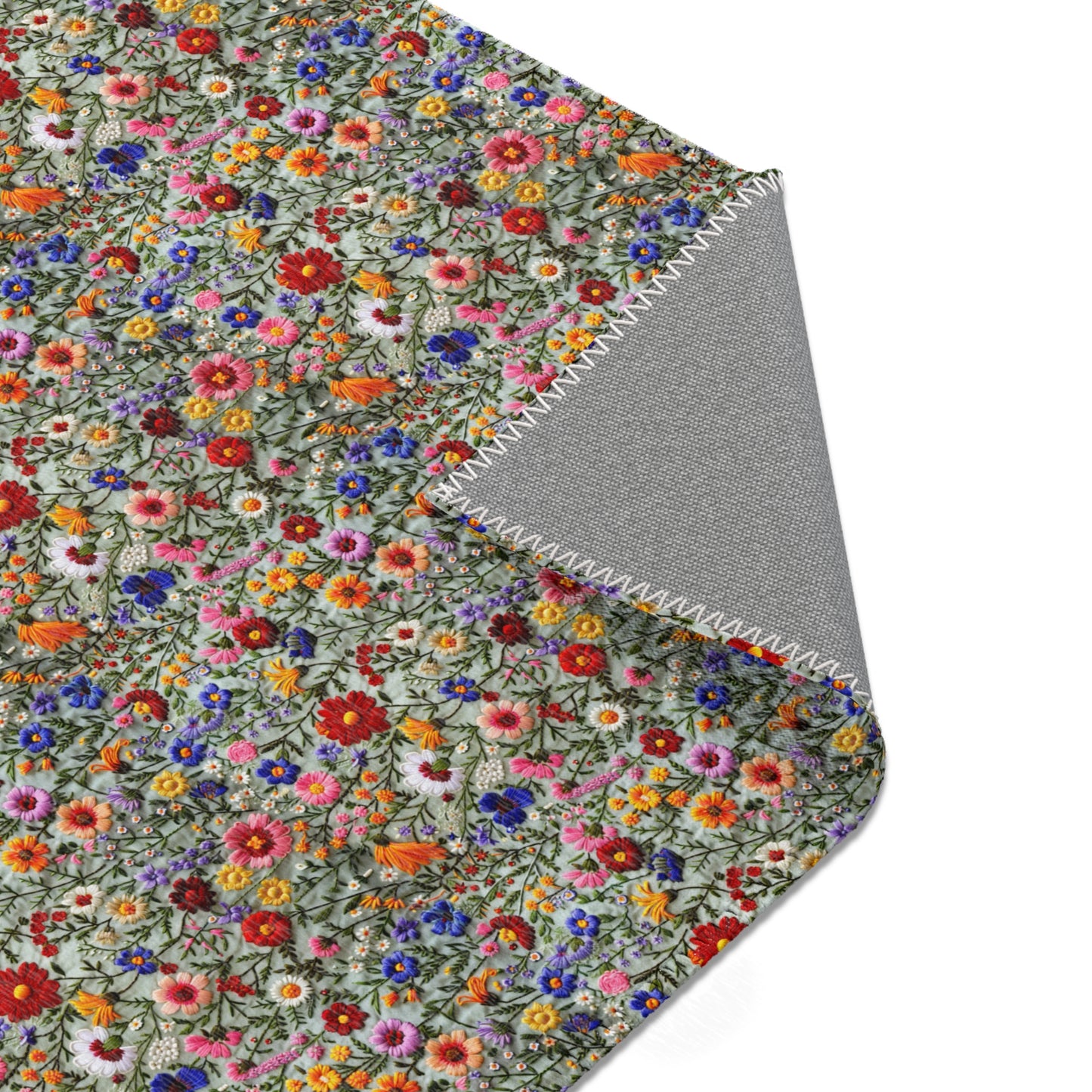 Faux Embroidered Flowers on Linen Area Rugs