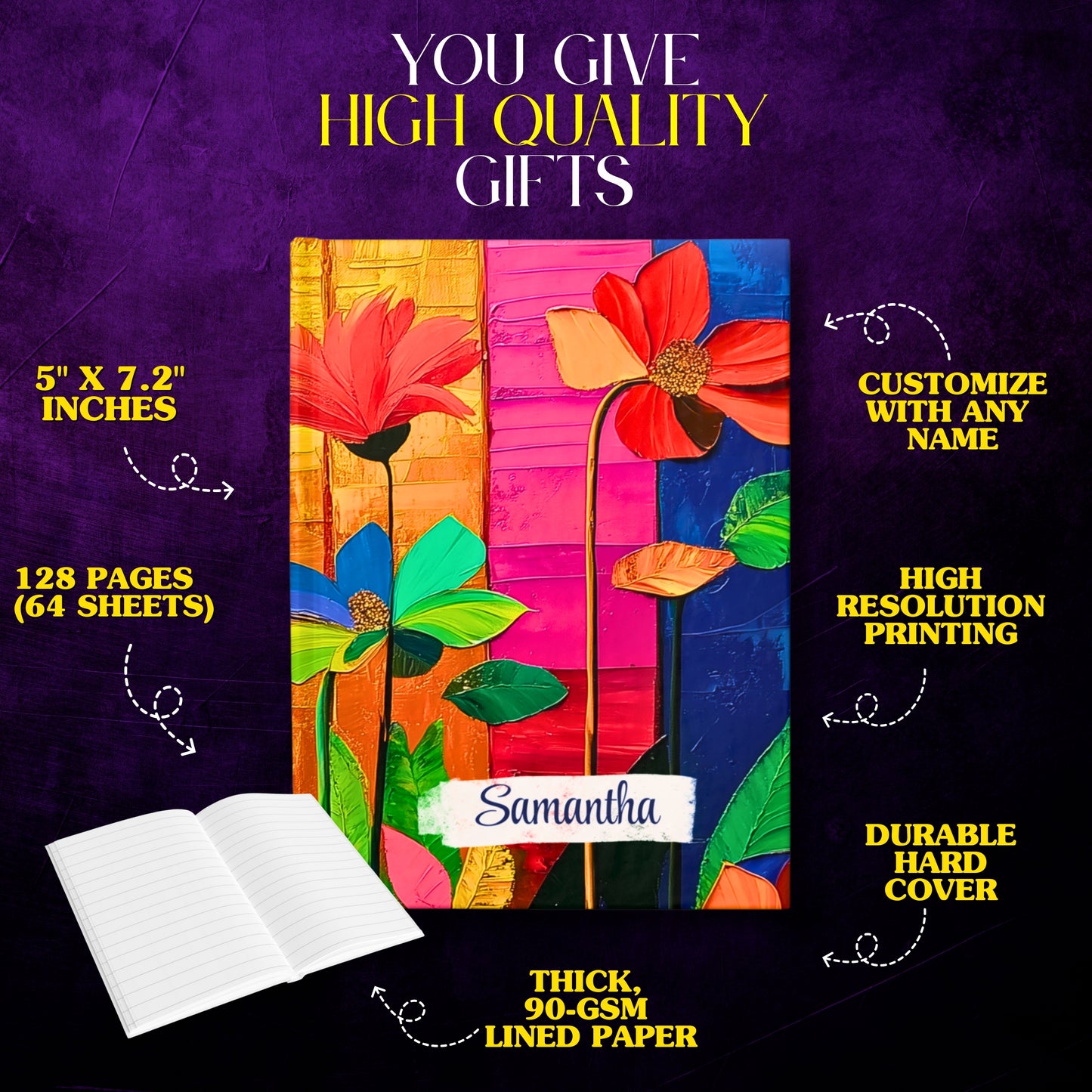Personalized Name Abstract Flowers Journal – Customizable Colorful Flowers Notebook Gift