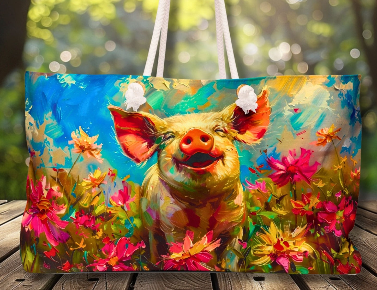 a deluxe tote bag sits on a deck, it features a colorful design with a young happy, smiling pig featured on both sides. Only from The Curated Goose