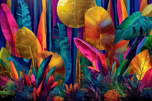 Colorful tropical plant illustration with vibrant leaves on a black background
