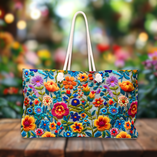 Faux Embroidery Tote Bag– Cheerful Floral Weekender Shopping Bag