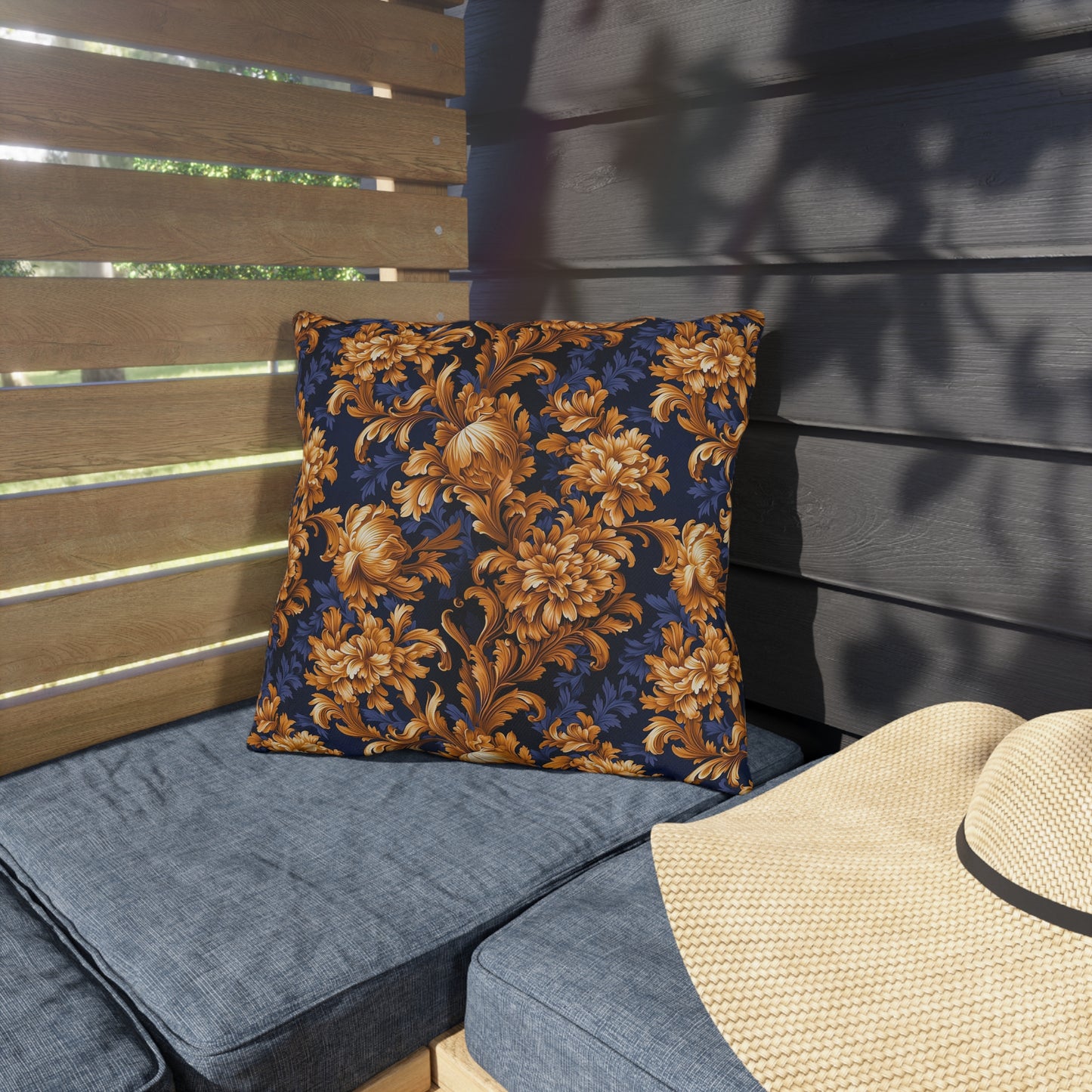Outdoor Pillows | Gold & Navy Baroque Floral Throw Pattern from The Curated Goose