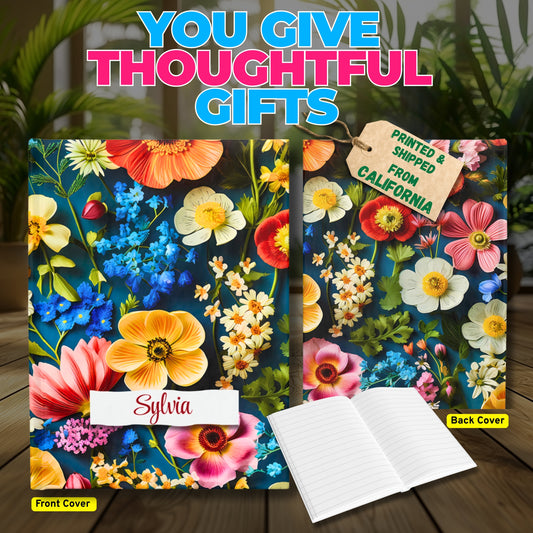 Personalized Name Colorful Wildflowers Journal – Custom Floral Notebook Gift