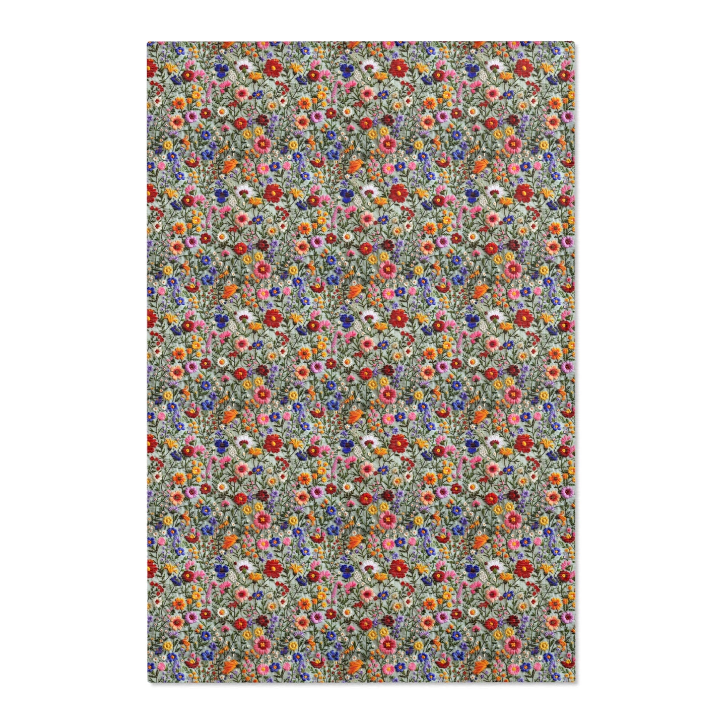 Faux Embroidered Flowers on Linen Area Rugs