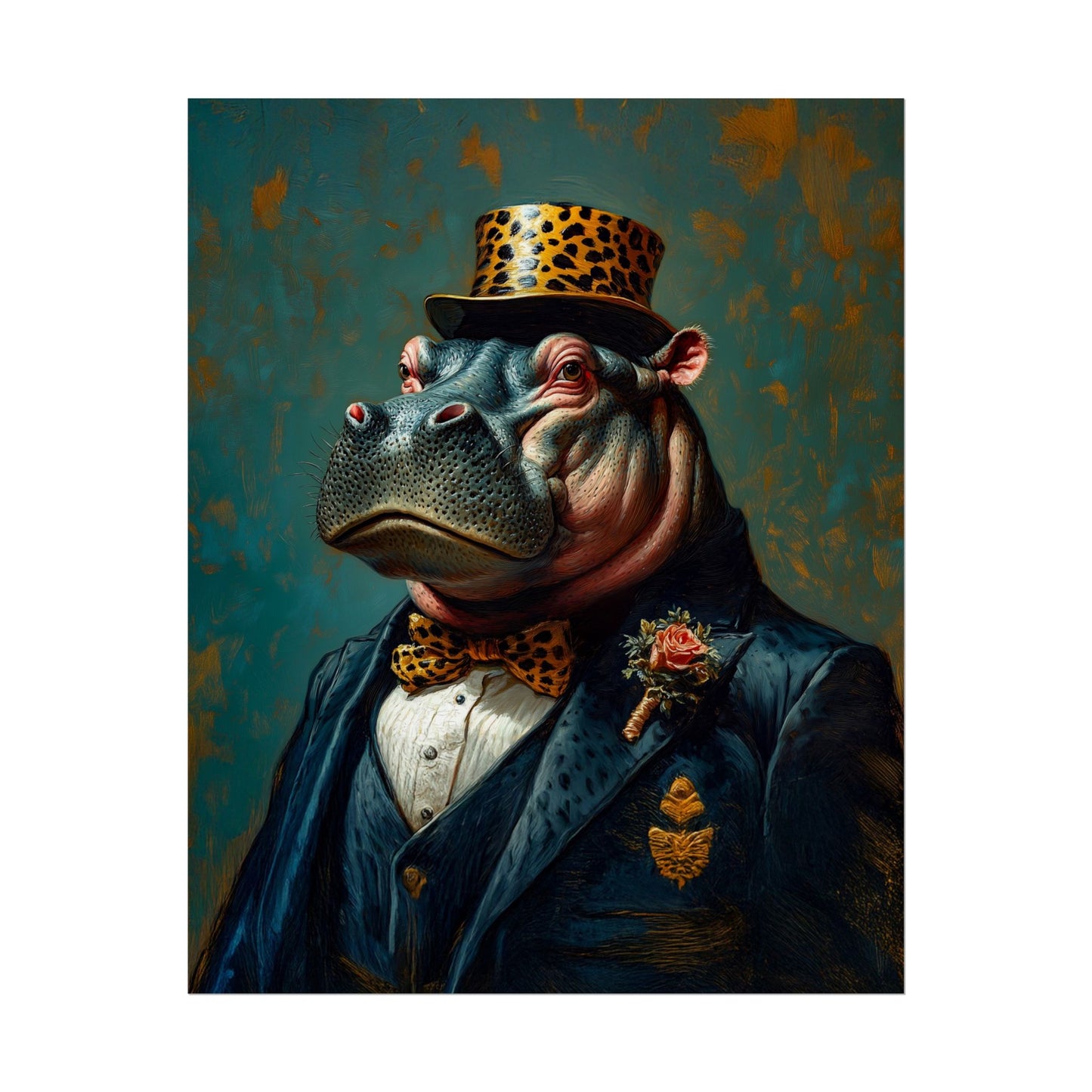Hippopotamus dressed in formal attire with a leopard print hat and bow tie, against a textured blue and brown background.