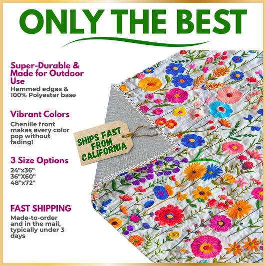 Floral table runner with promotional text about durability, color, size options, and shipping on a beige background.