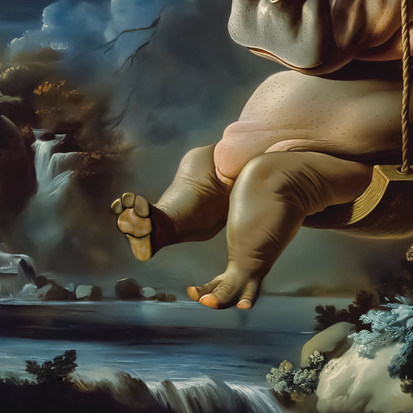 Rococo Hippo on Swing Canvas Art Print - Giclee Masterpiece, Large Whimsical Wall Decor