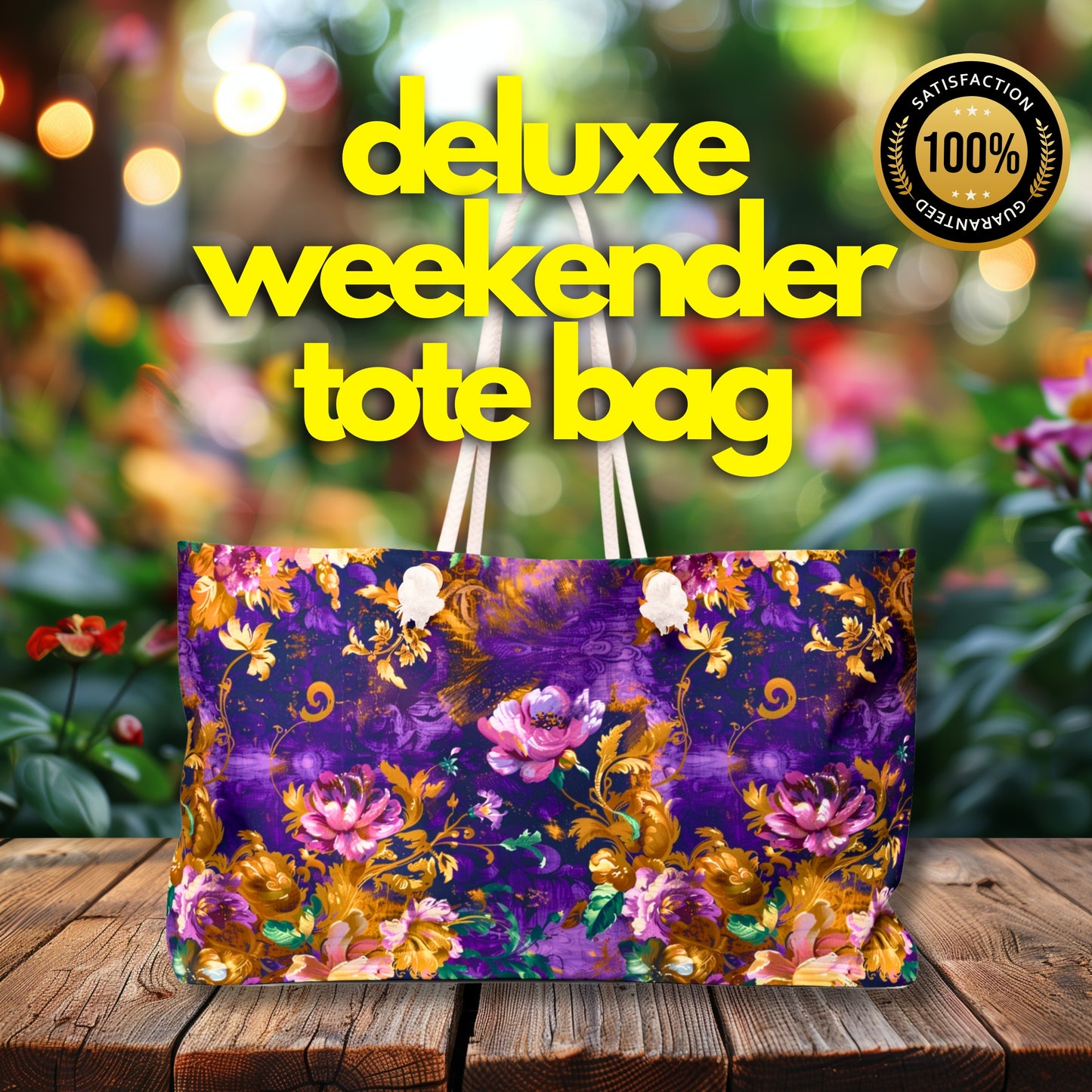 Abstract Flowers Deluxe Tote Bag – Purple, Pink, & Gold Beauty for Travel & More!