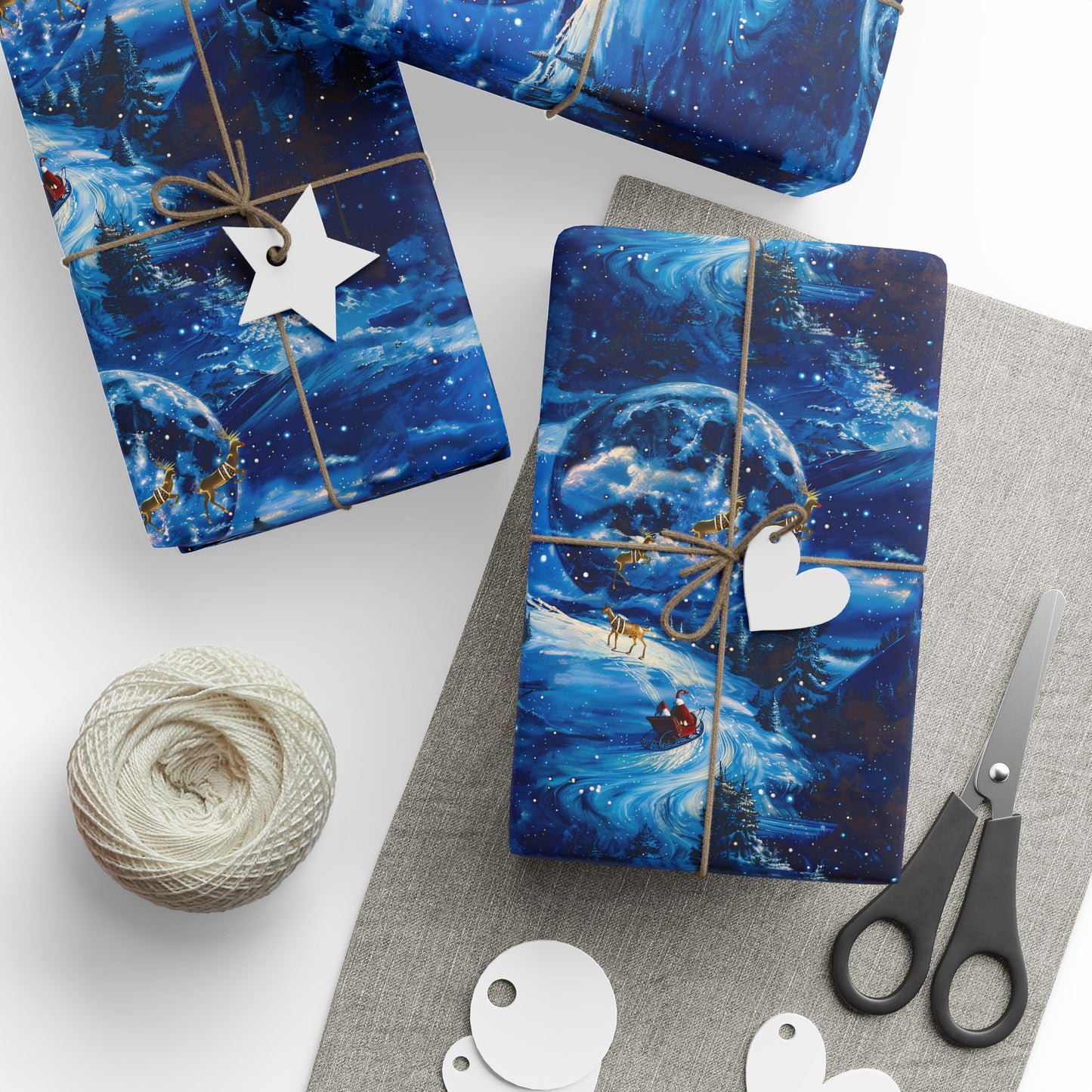 Santa Moon Lit Sleigh Ride Wrapping Paper Rolls – Dreamlike Christmas Magic with Golden Reindeer