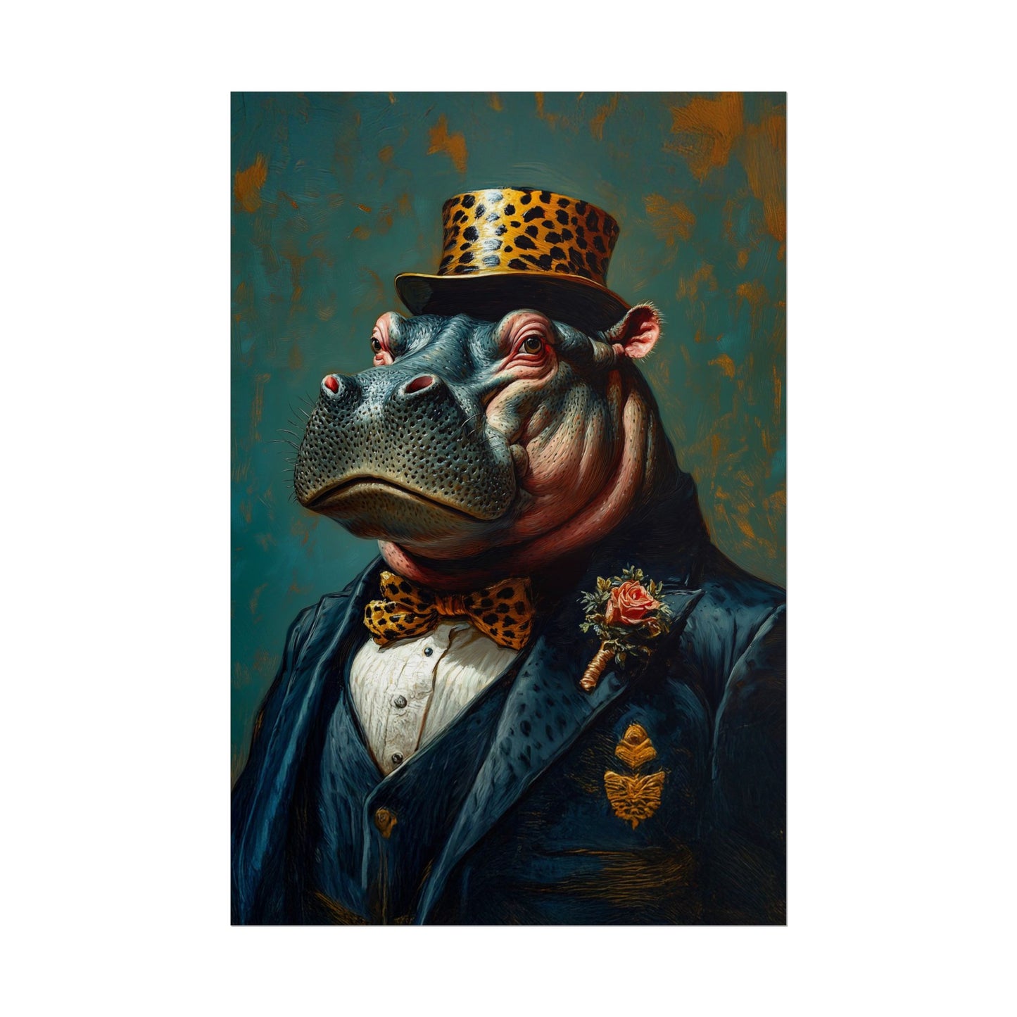 Hippopotamus dressed in formal attire with a leopard print hat and bow tie, against a textured blue background.