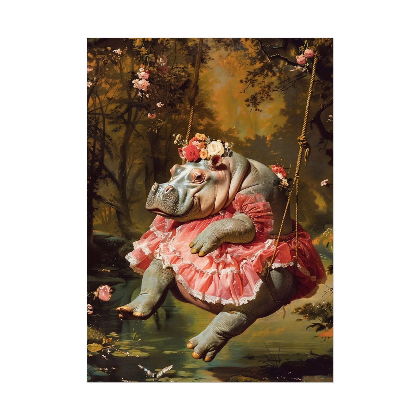 Lady Hippo on Swing | Rococo Style Fine Art Print (Rolled)