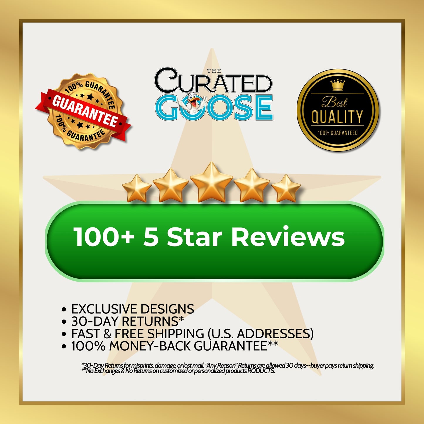 Promotional graphic for 'The Curated Goose' with five-star rating, guarantees, and product details.