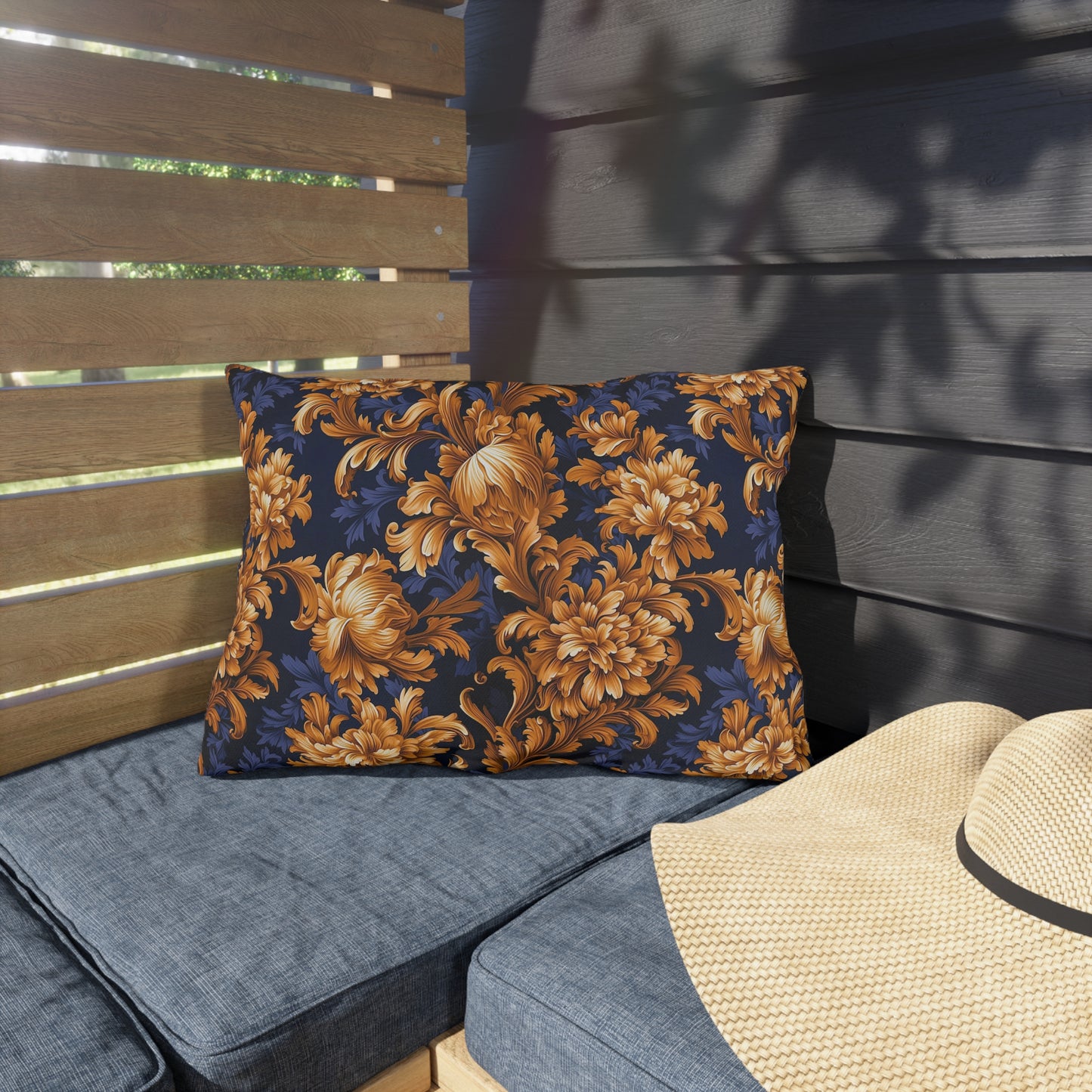 Outdoor Pillows | Gold & Navy Baroque Floral Throw Pattern from The Curated Goose