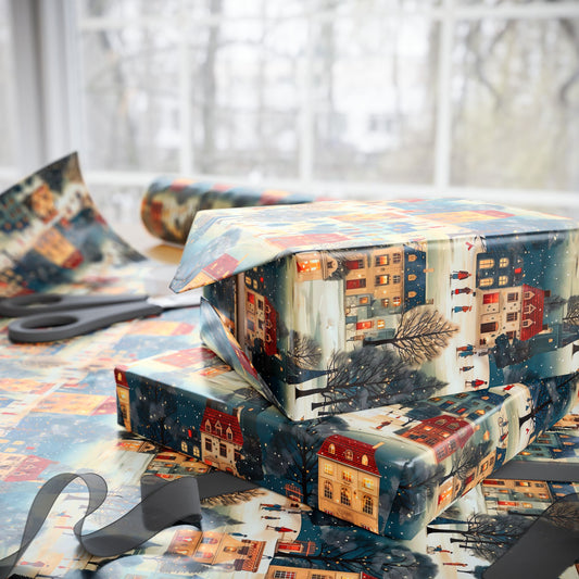 stack of gifts wrapping paper wrapped in winter scene