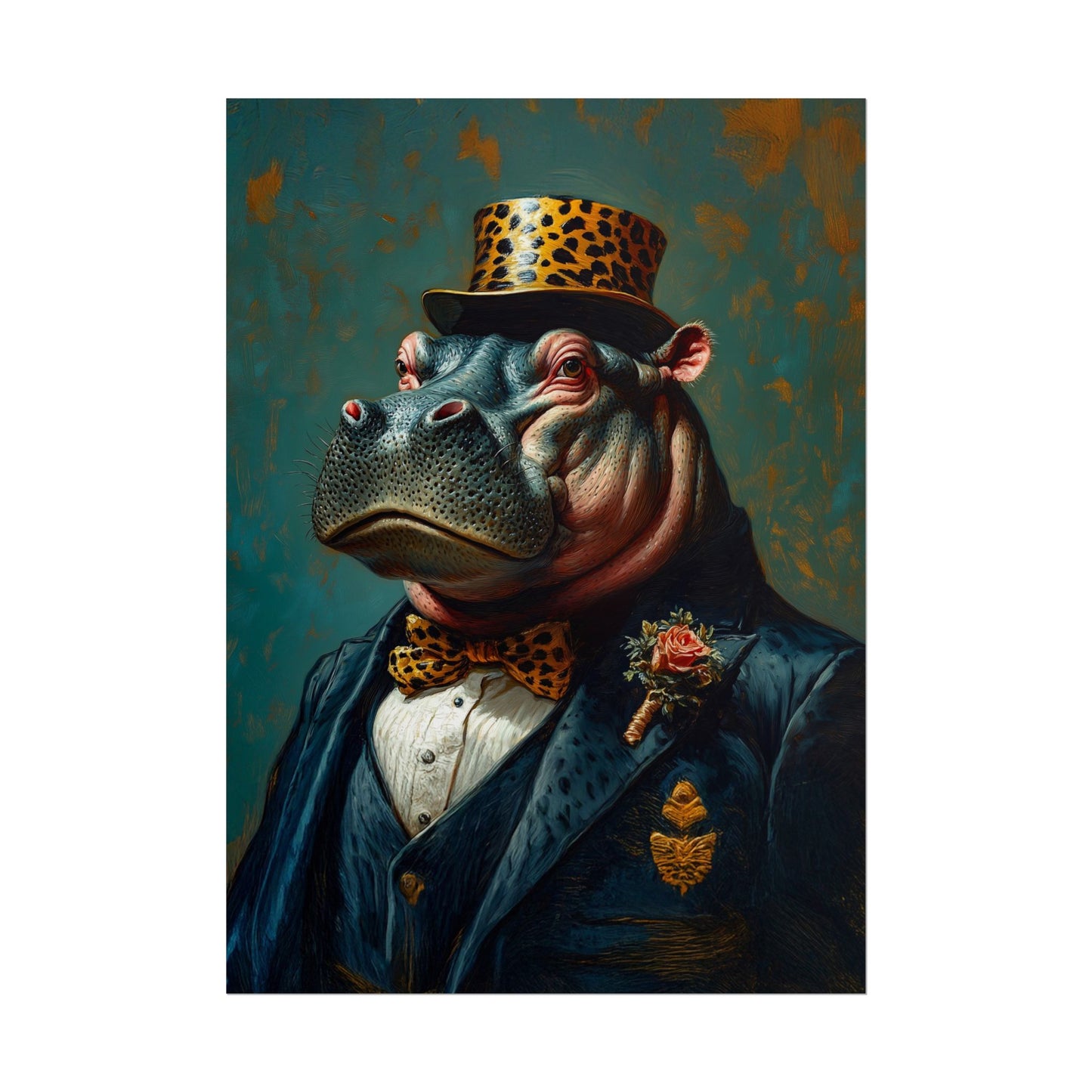 Hippopotamus wearing a formal outfit with a top hat and bow tie against a textured background