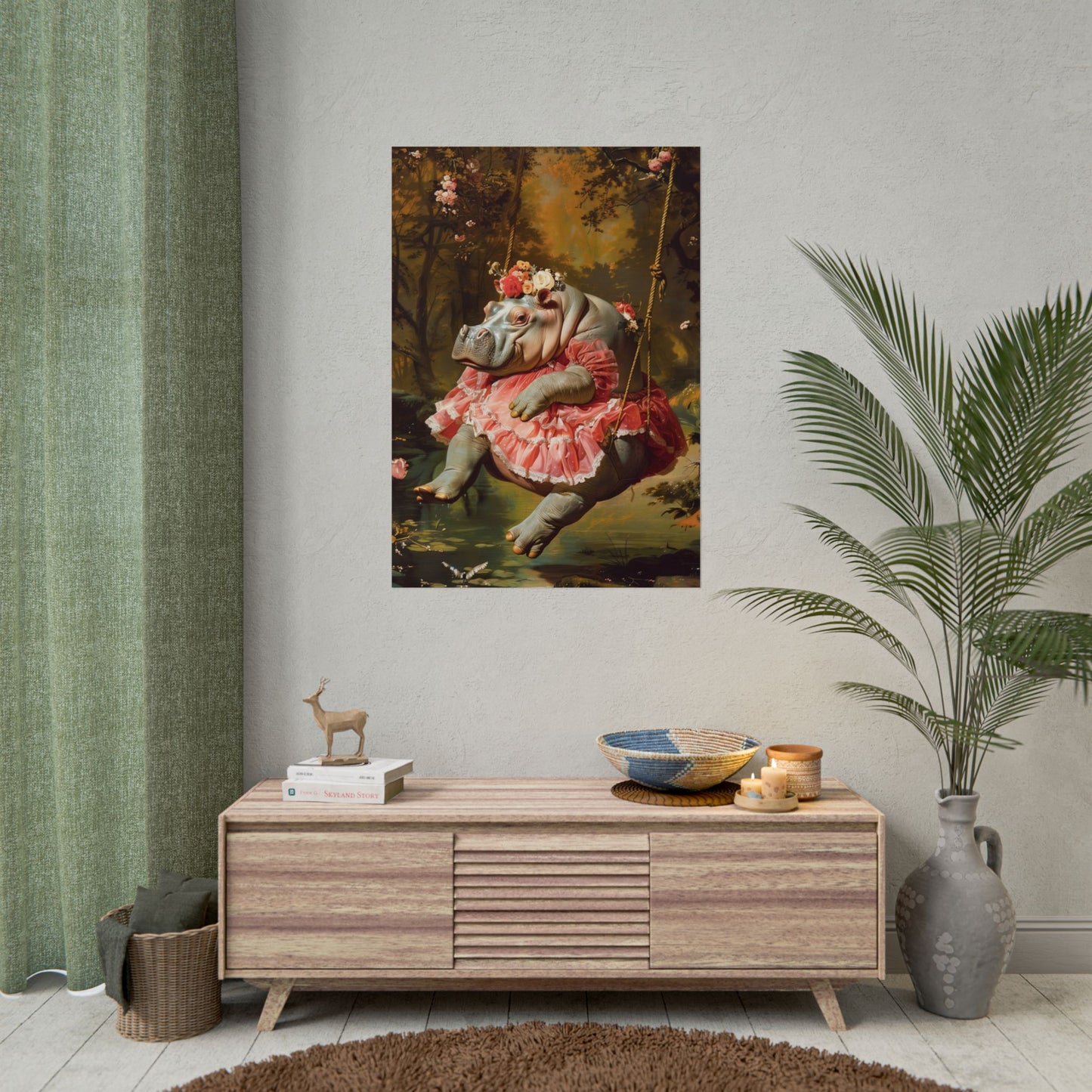 Lady Hippo on Swing | Rococo Style Fine Art Print (Rolled)