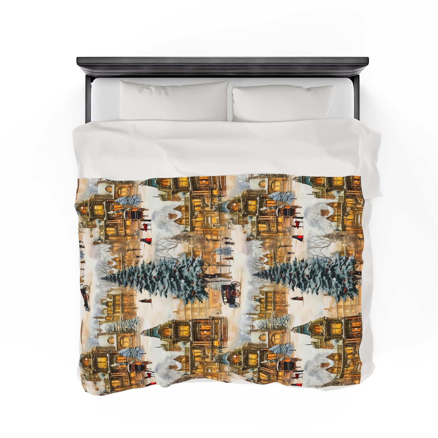 Velveteen Plush Blanket | Victorian Town Gold Winter Village from The Curated Goose
