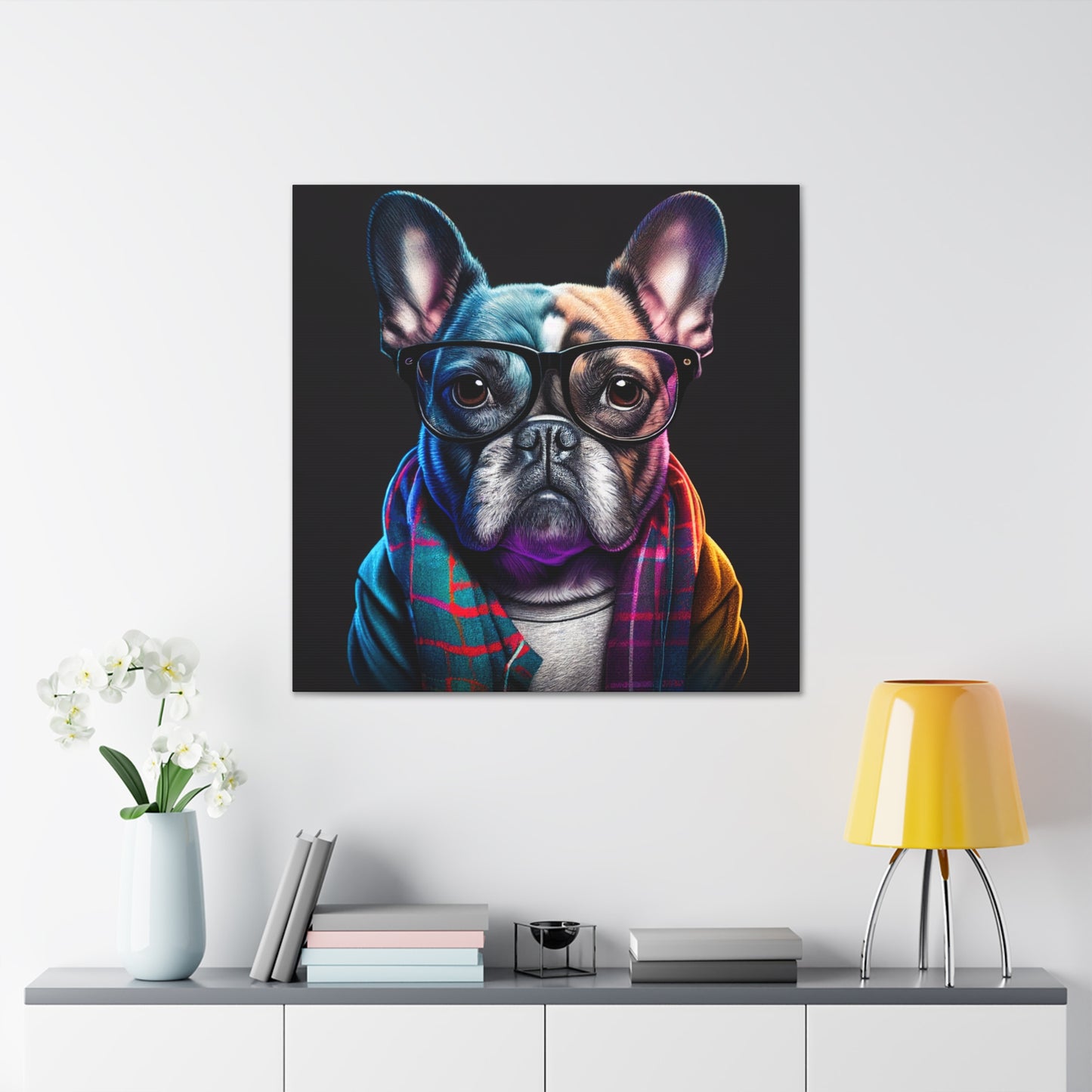 Chic French Bulldog Canvas Print - Hipster Dog with Glasses and Scarf Wall Art