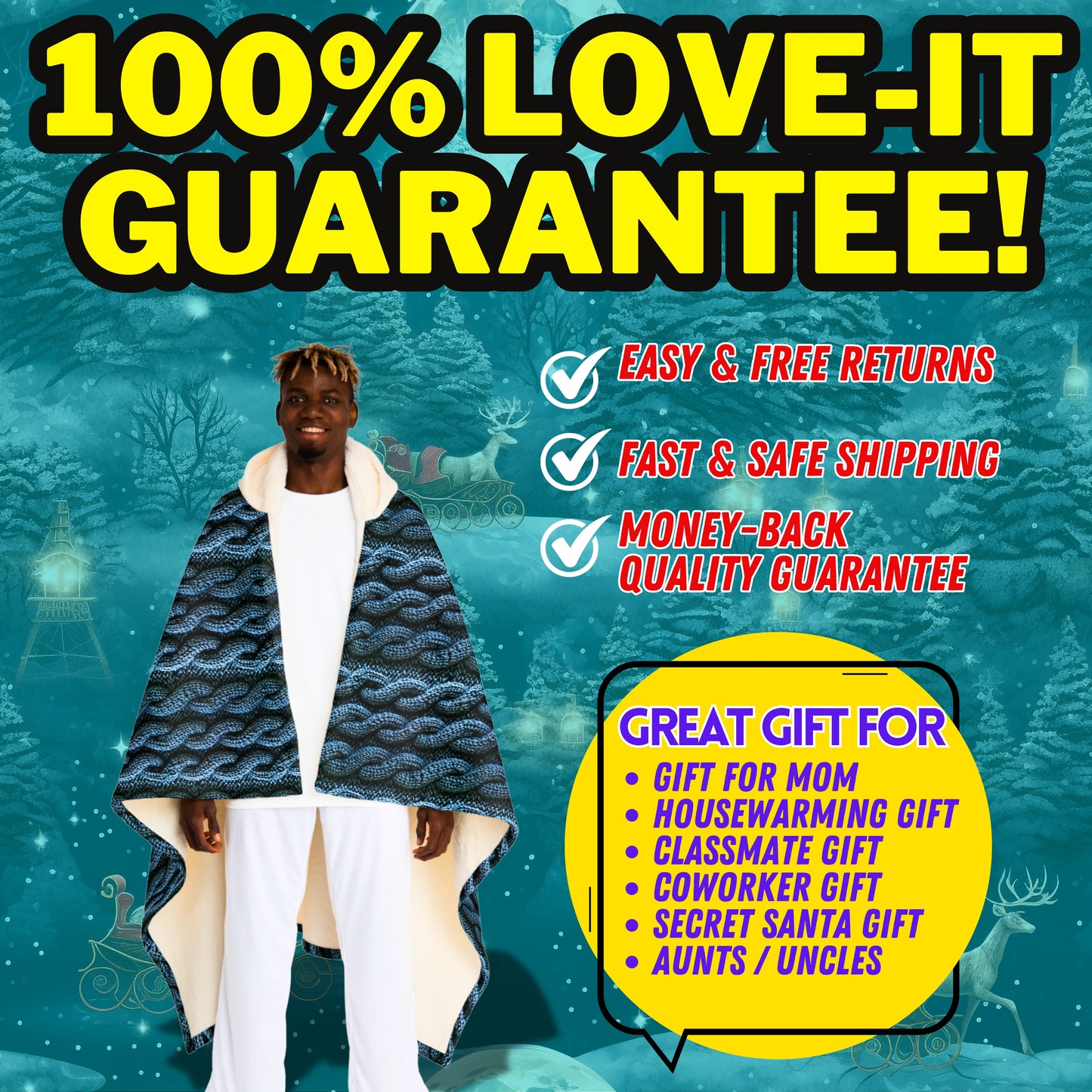 Faux Cable Knit Hooded Sherpa Blanket - Blue