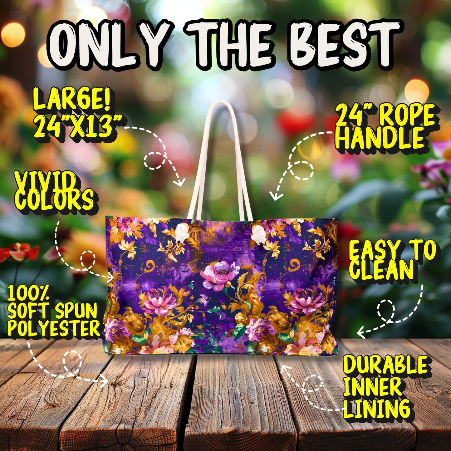 Abstract Flowers Deluxe Tote Bag – Purple, Pink, & Gold Beauty for Travel & More!