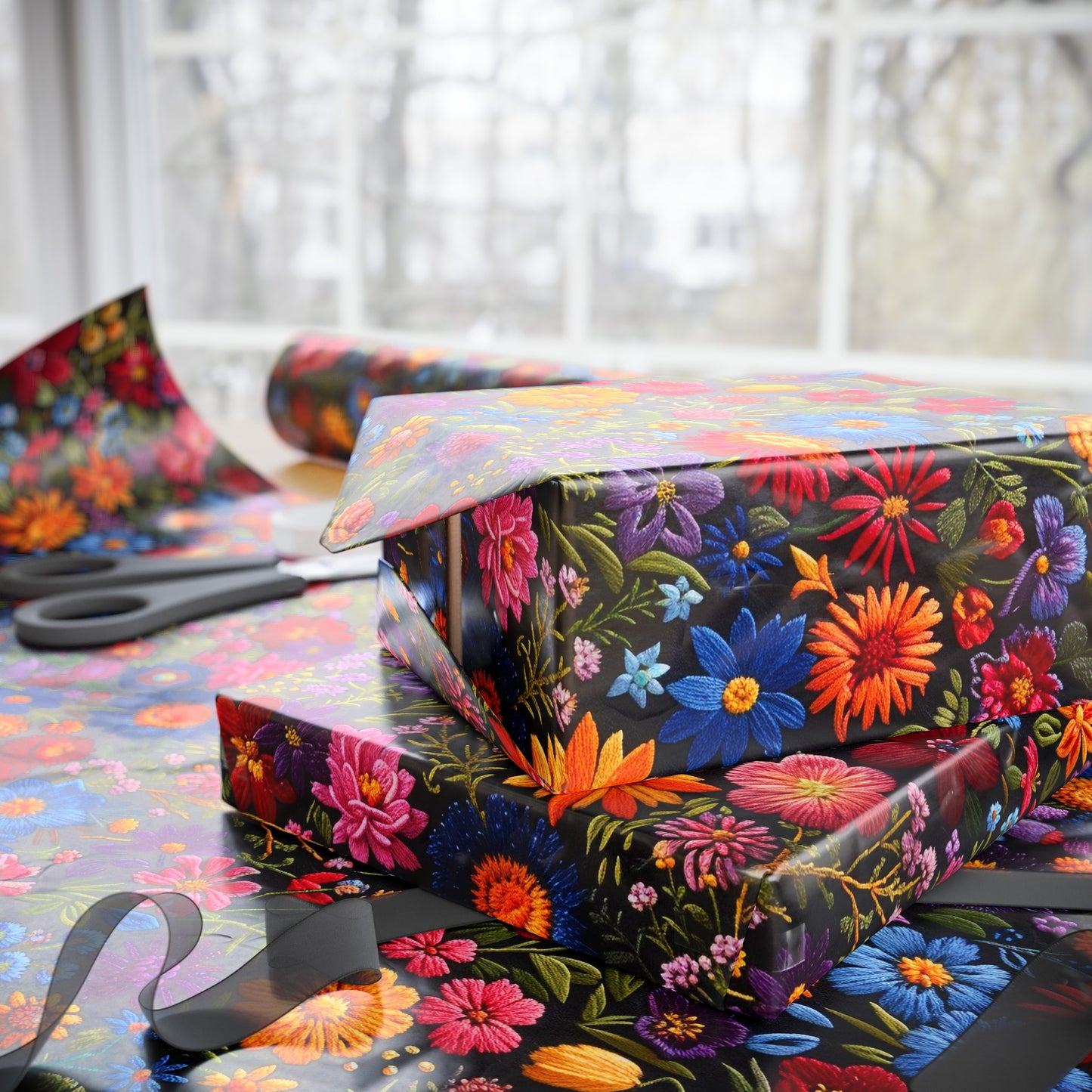 Embroidery Flowers Wrapping Paper Rolls | Dark Background Floral Gift Wrap