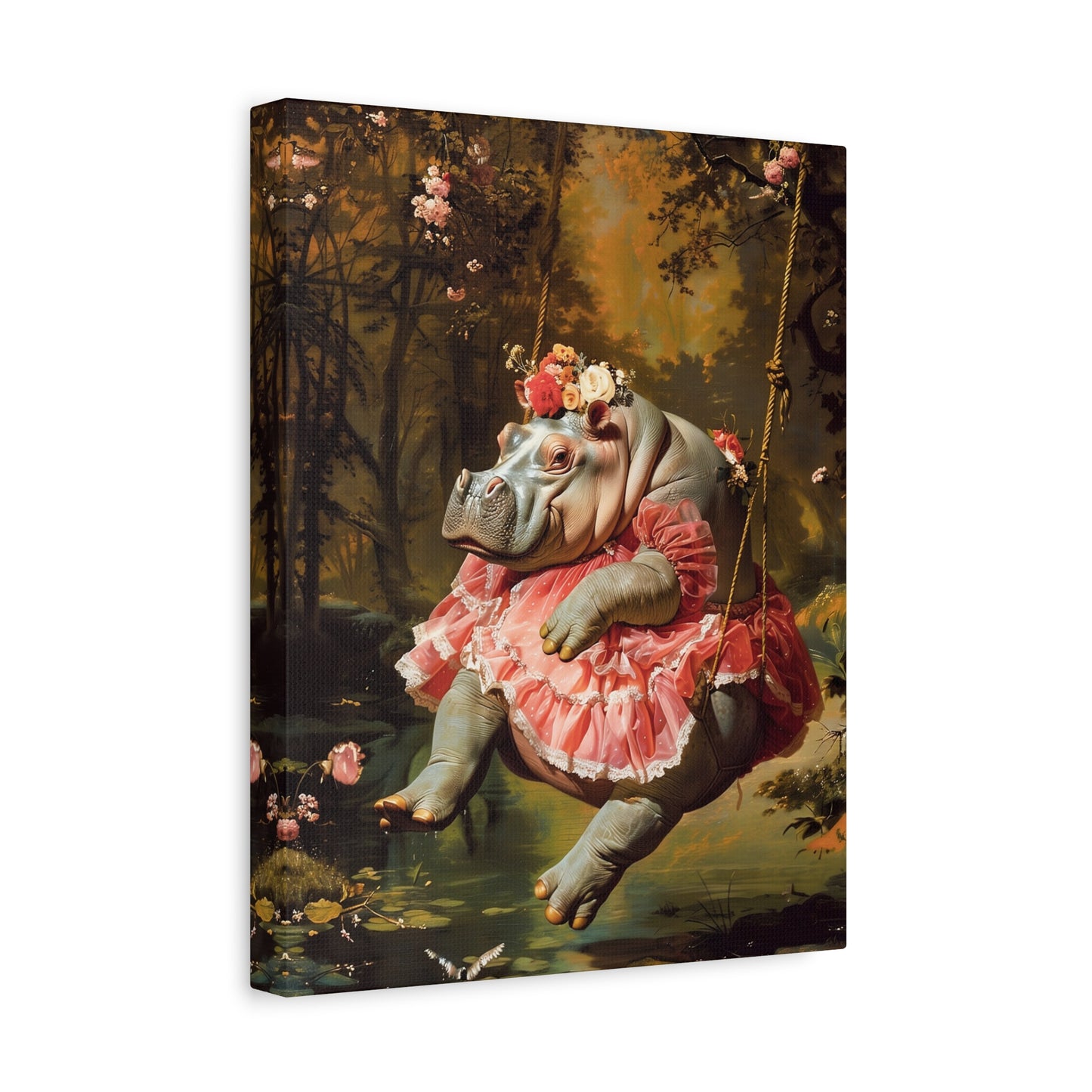 Lady Hippo on Swing Canvas Art Print | Rococo Style Art Stretched Canvas Print