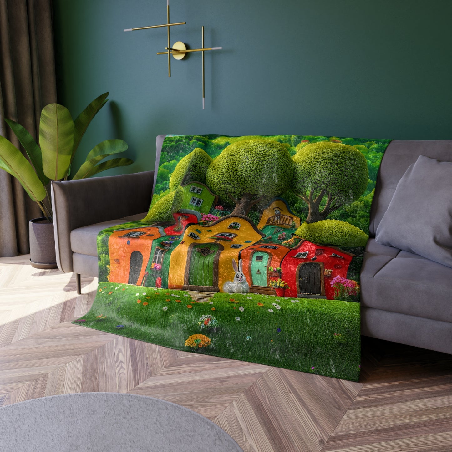 Crushed Velvet Blanket | Colorful Houses and Trees