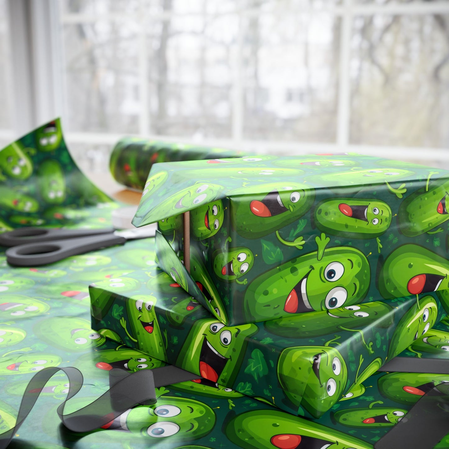 Cartoon Pickle Wrapping Paper: Quirky Green Gift Wrap