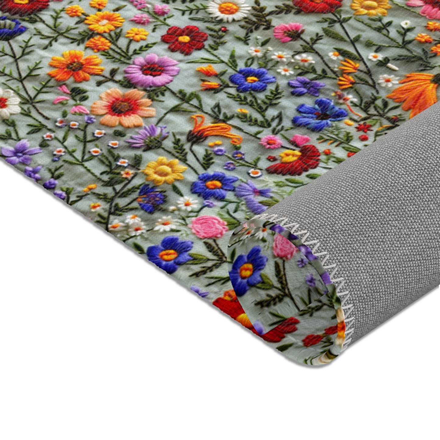 Faux Embroidered Flowers on Linen Area Rugs