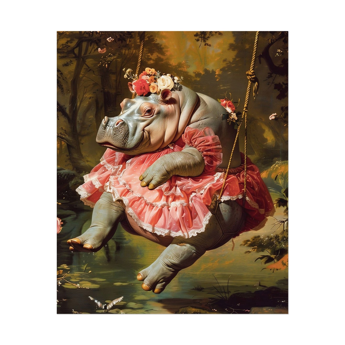 Lady Hippo on Swing | Rococo Style Fine Art Print (Rolled)