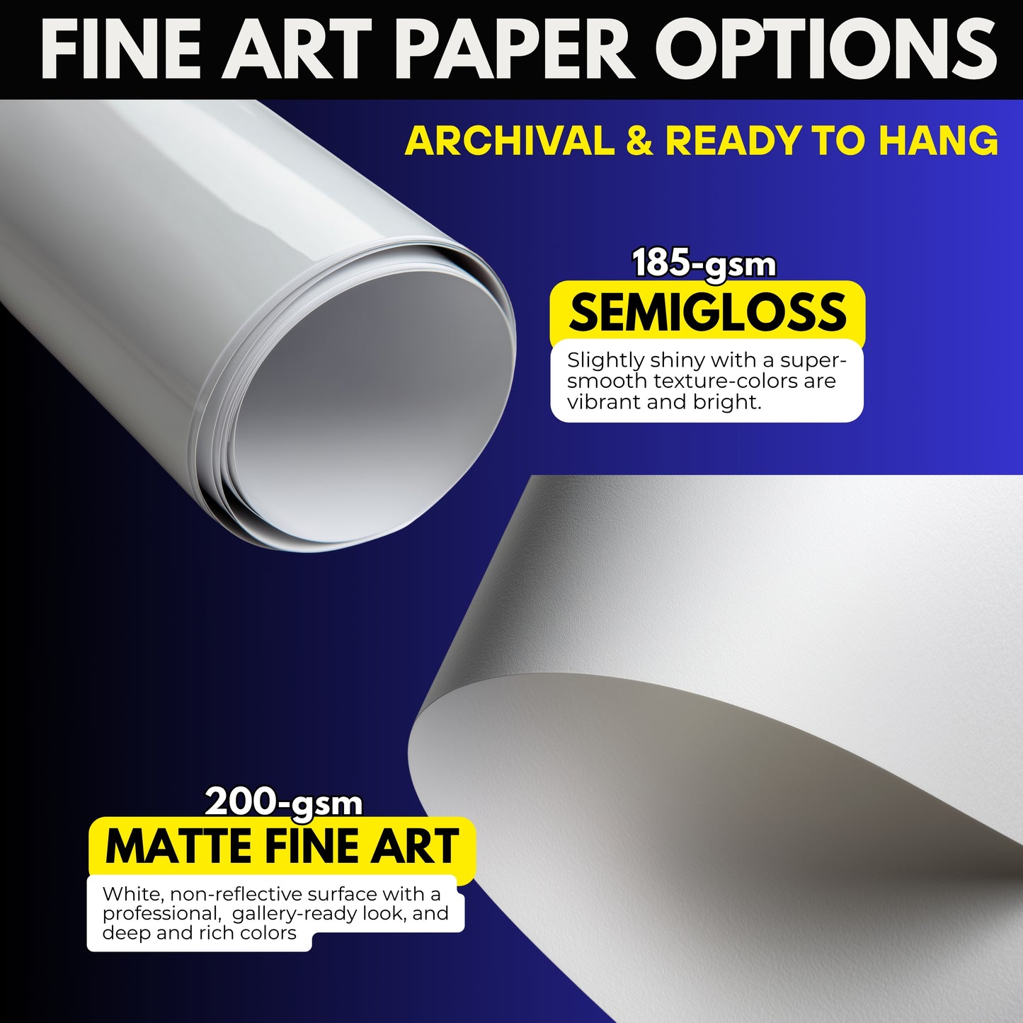 Roll of fine art paper with text describing options for archival, ready-to-hang, semigloss, and matte finishes.